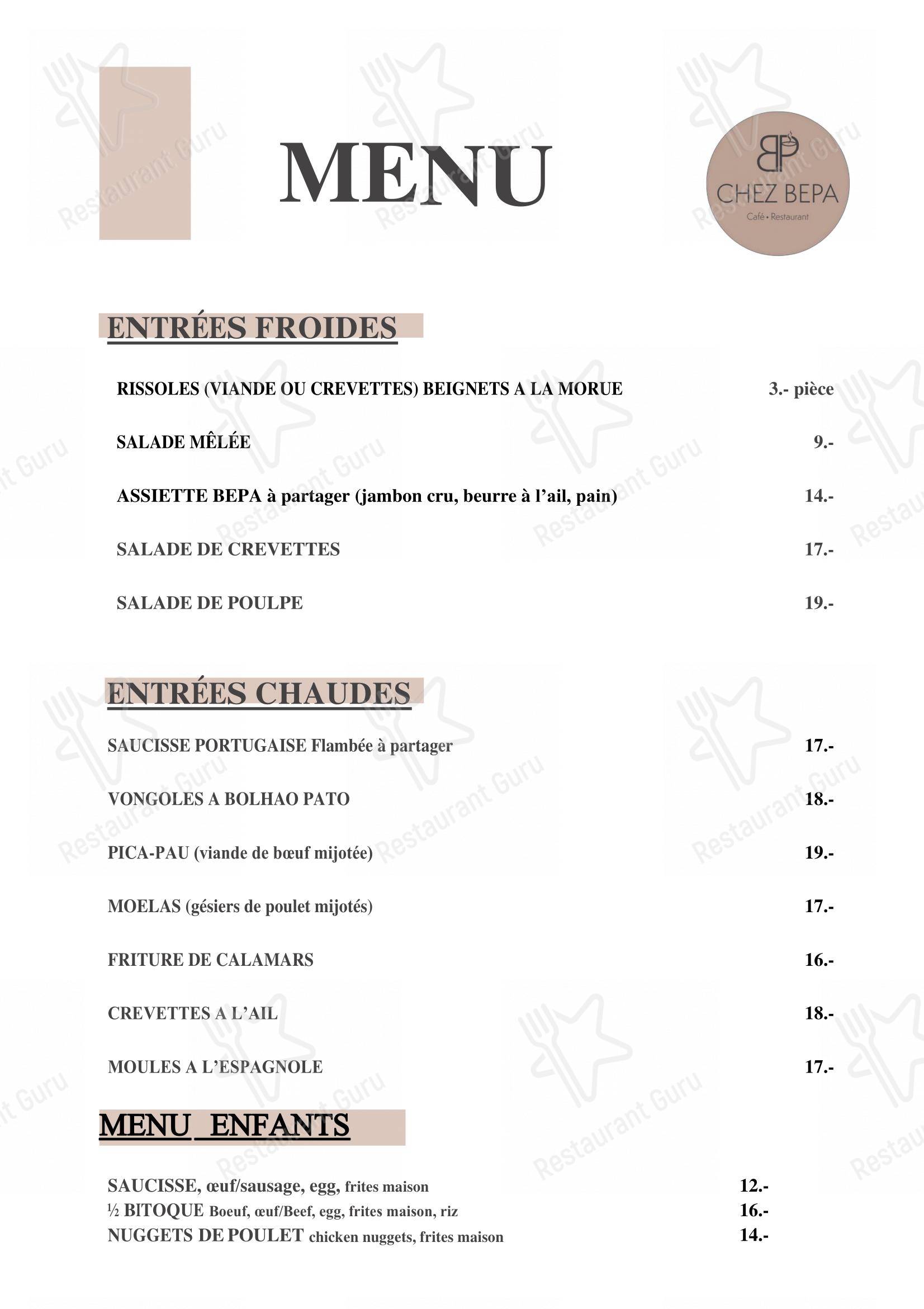 Menu per Café-Restaurant CHEZ BEPA in Crissier