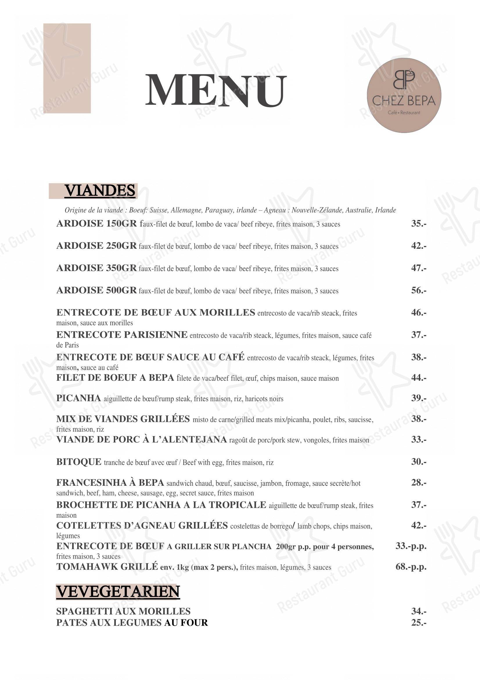 Menu di Café-Restaurant CHEZ BEPA - Menu
