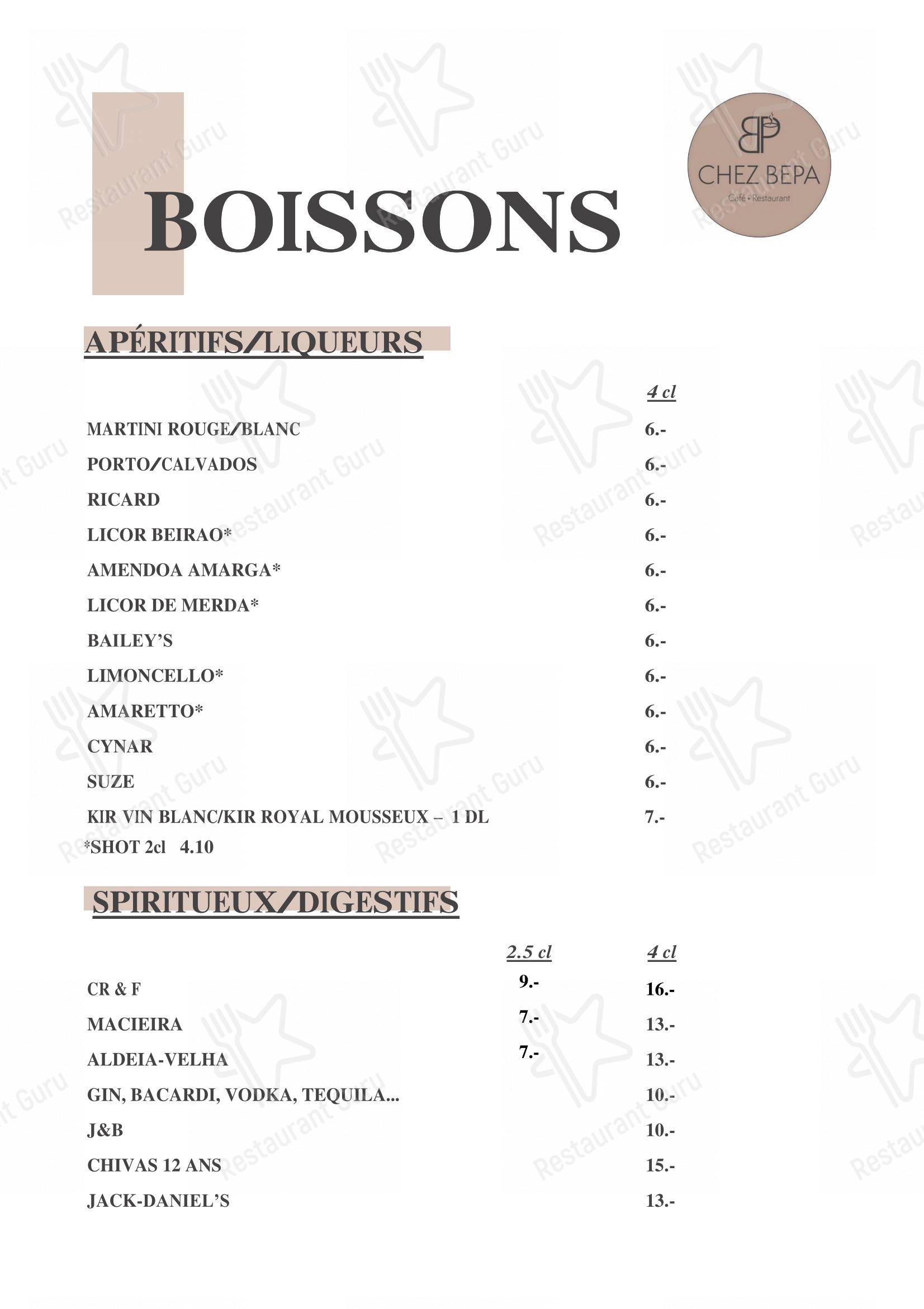 Café-Restaurant CHEZ BEPA in Crissier - Menu