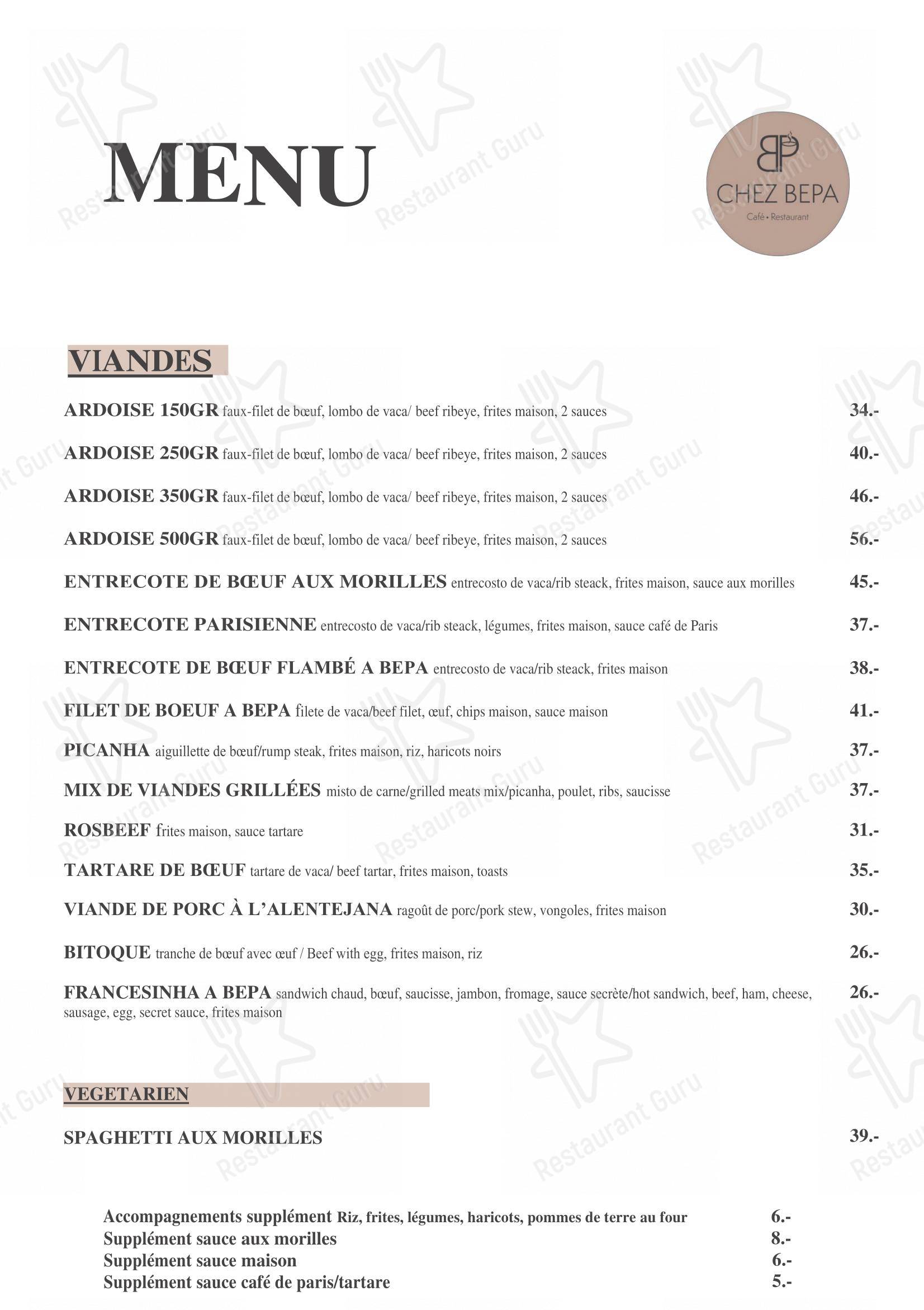 菜单 per Café-Restaurant CHEZ BEPA in Crissier