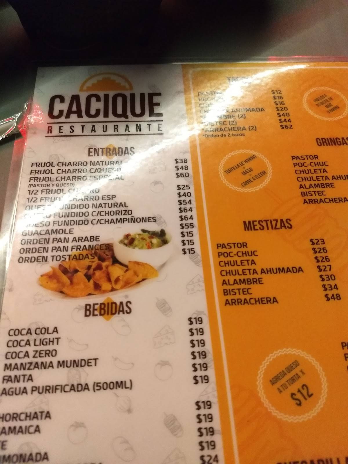 Carta del restaurante Cacique, Merida, Prolongación Paseo del Montejo 34