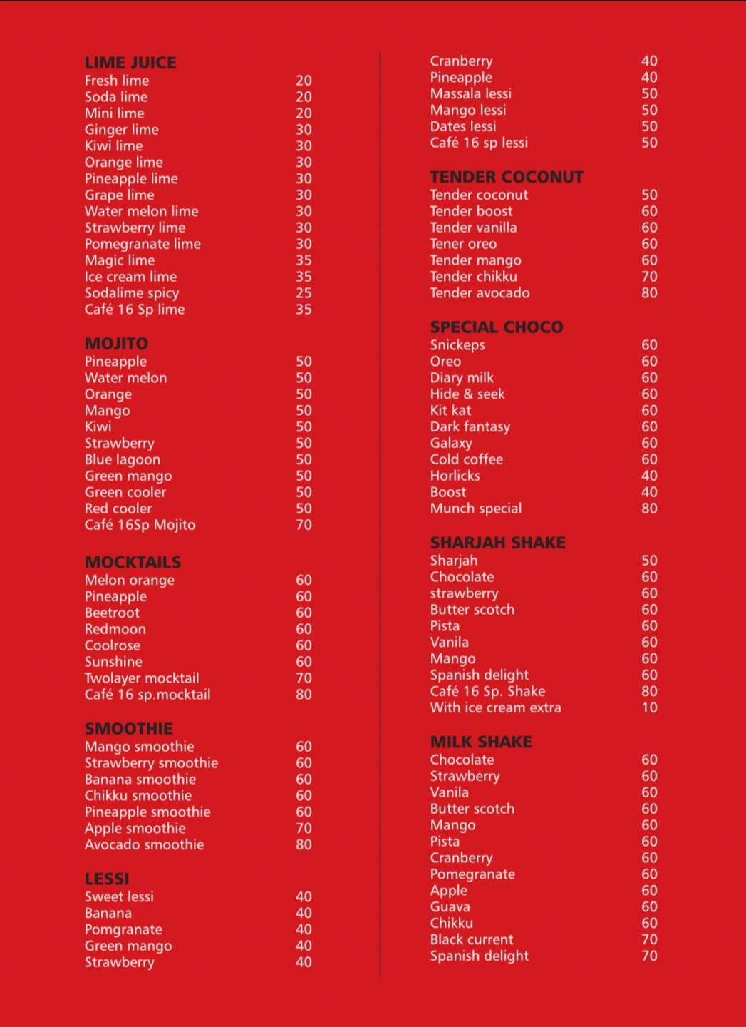 Cafe 16 menu