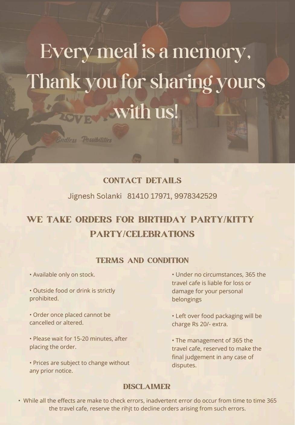 365 The Travel Cafe menu