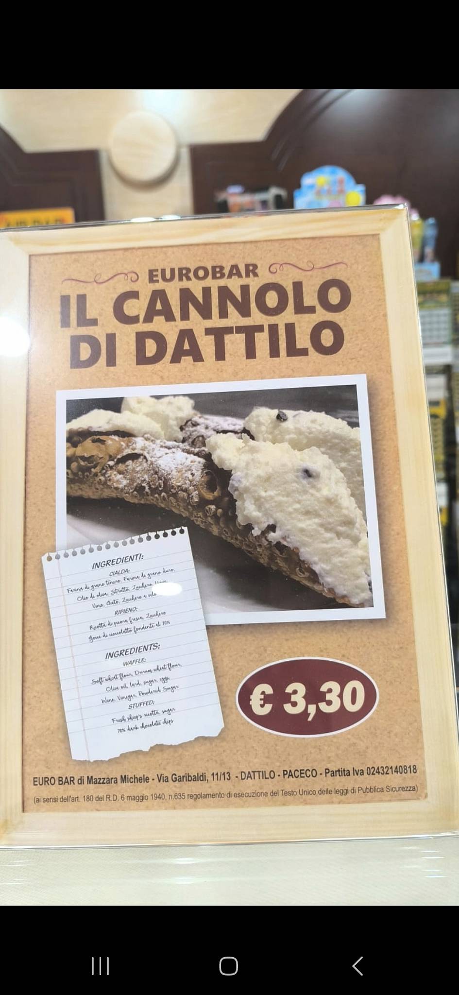 Menu di Euro Bar cannoli siciliani 