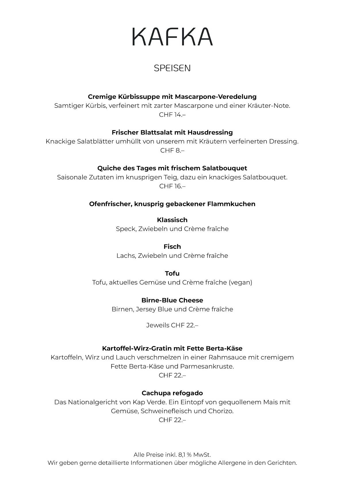 Menu di Café Kafka 