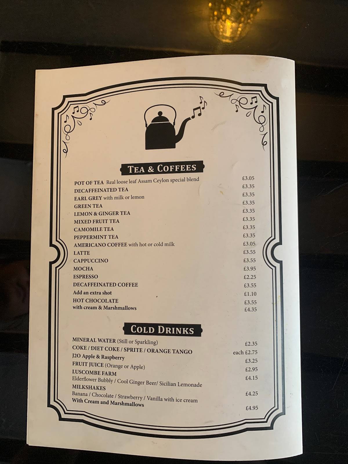 Menu at The Singing Kettle cafe, Dartmouth