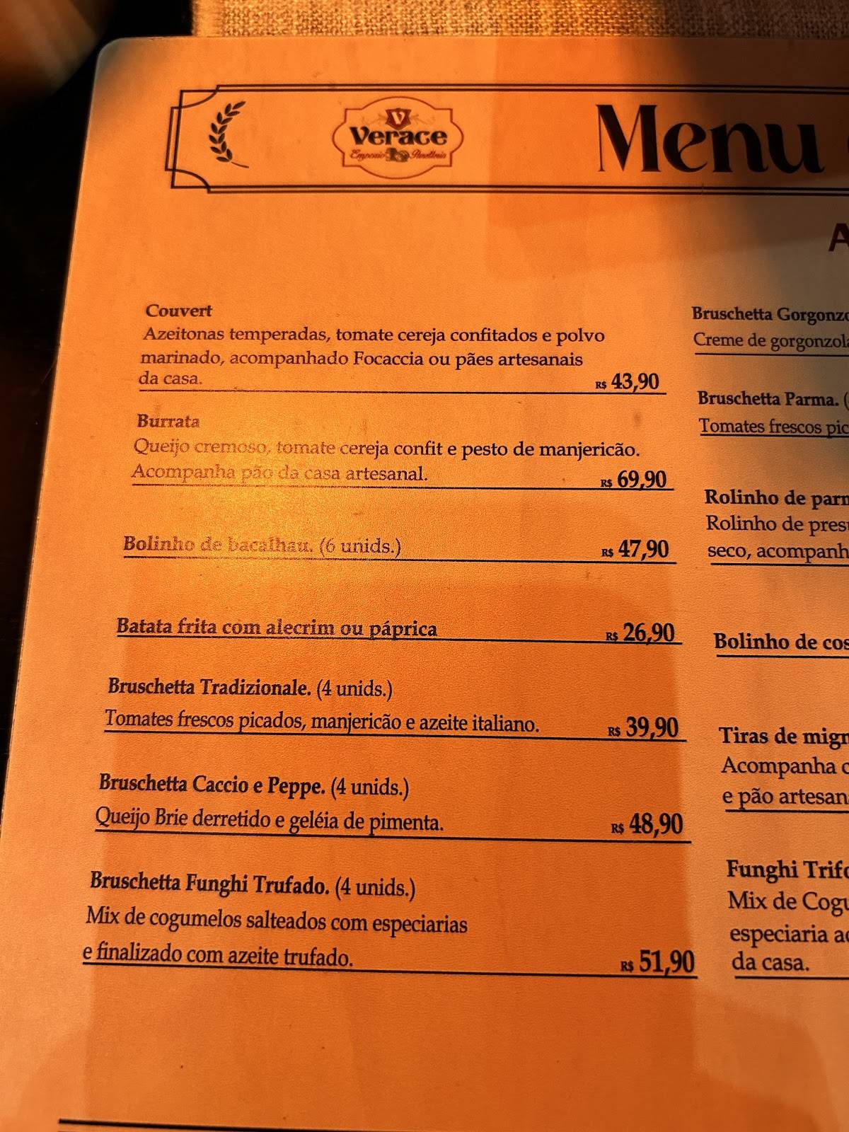 Verace Empório & Panetteria cardápio
