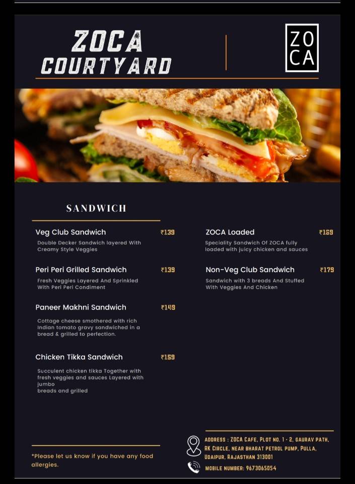 ZOCA Cafe menu