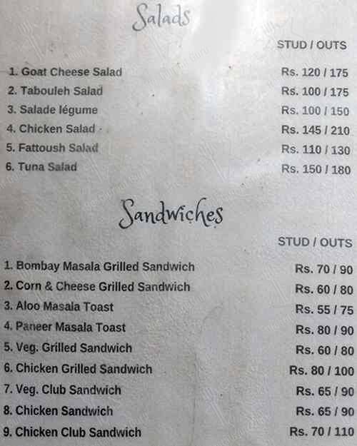 Cafe at Alliance Française de Delhi menu