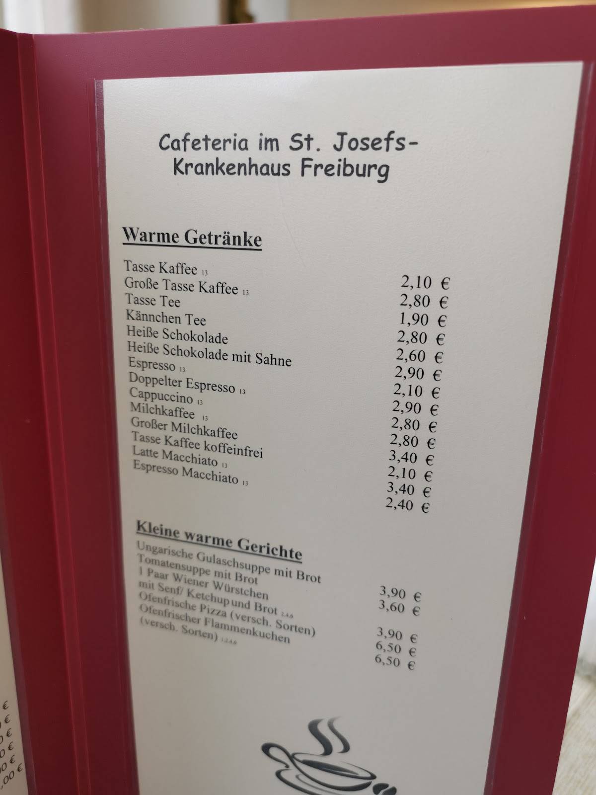 Speisekarte Von Cafeteria Im Josef Krankenhaus FREIBURG IM BREISGAU