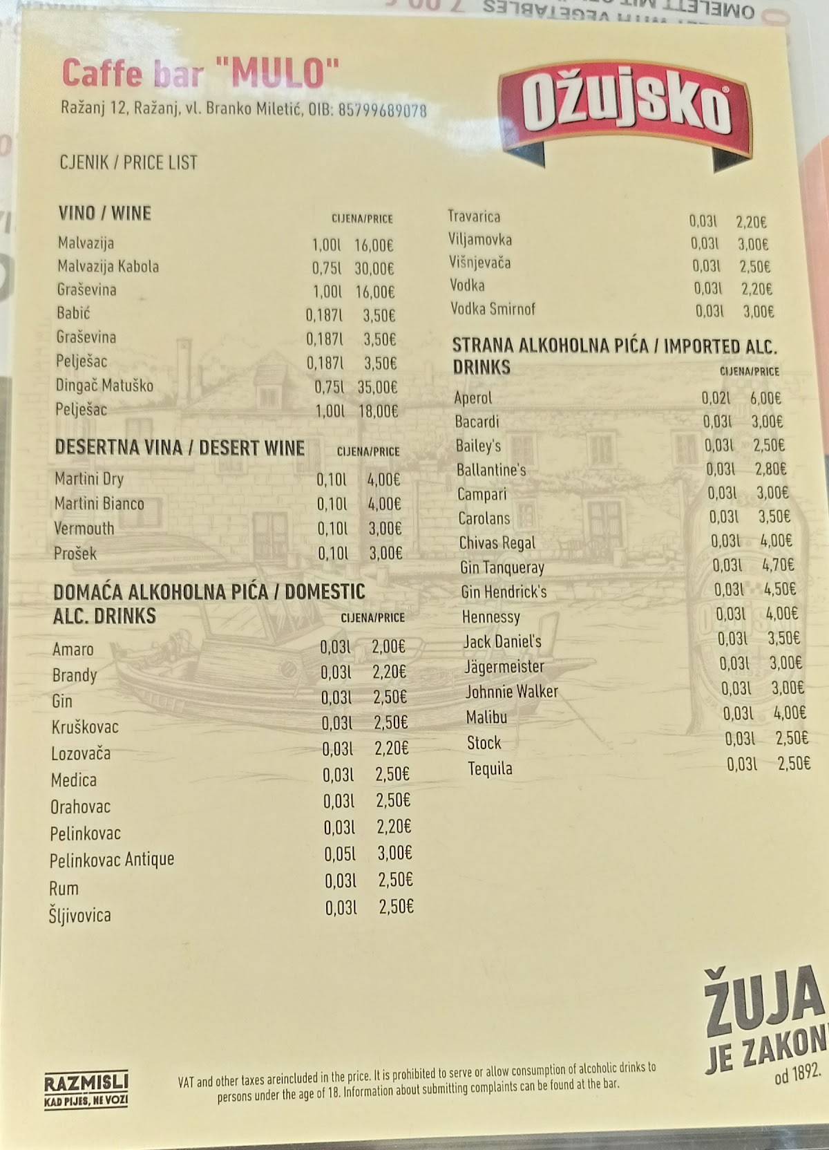Menu di Caffe bar "MULO" 