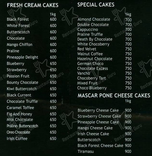 Cake Hut menu