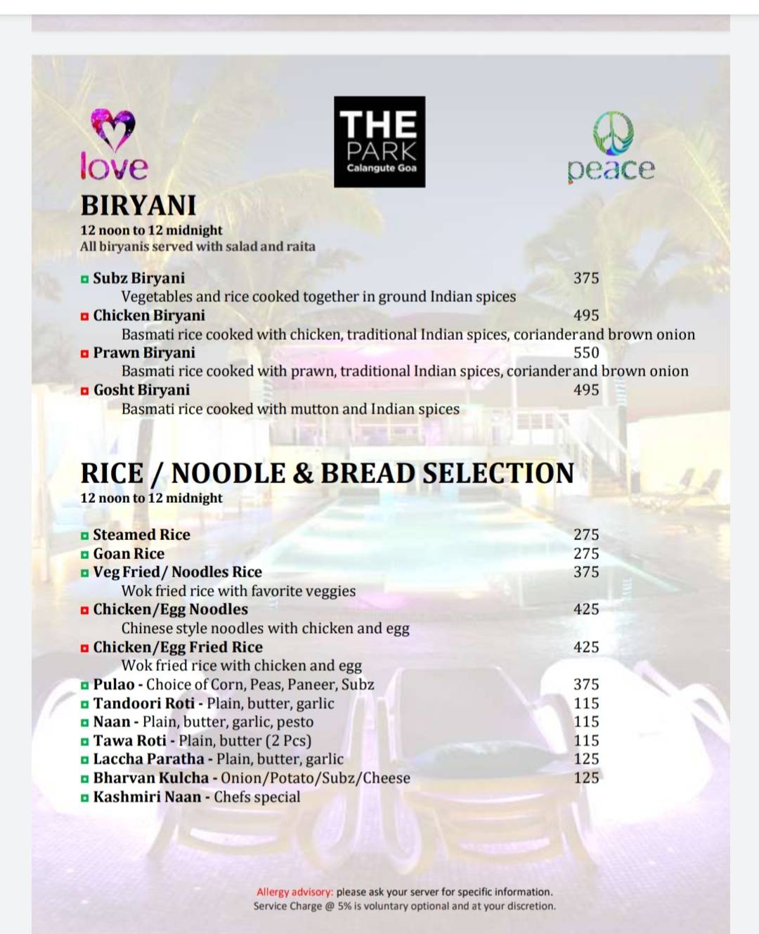 Peace Bar menu