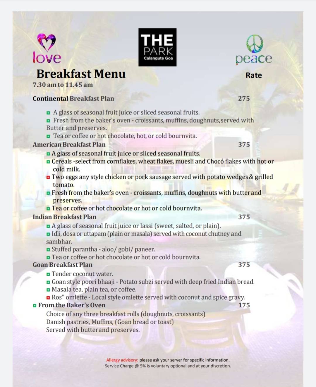 Peace Bar menu
