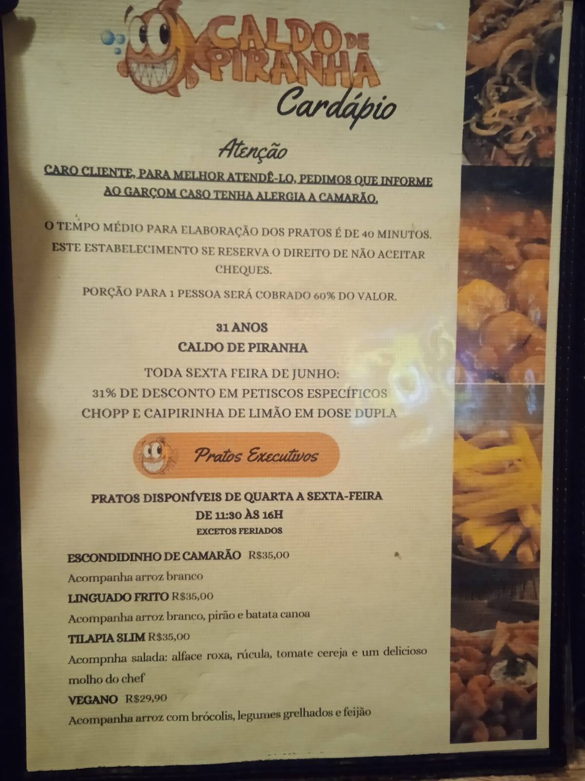 Caldo de Piranha Bar e Restaurante cardápio