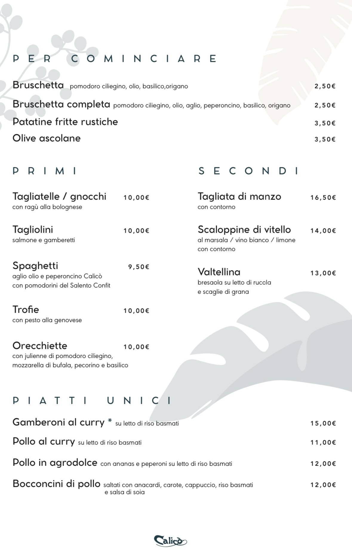 Menu di Calicò 