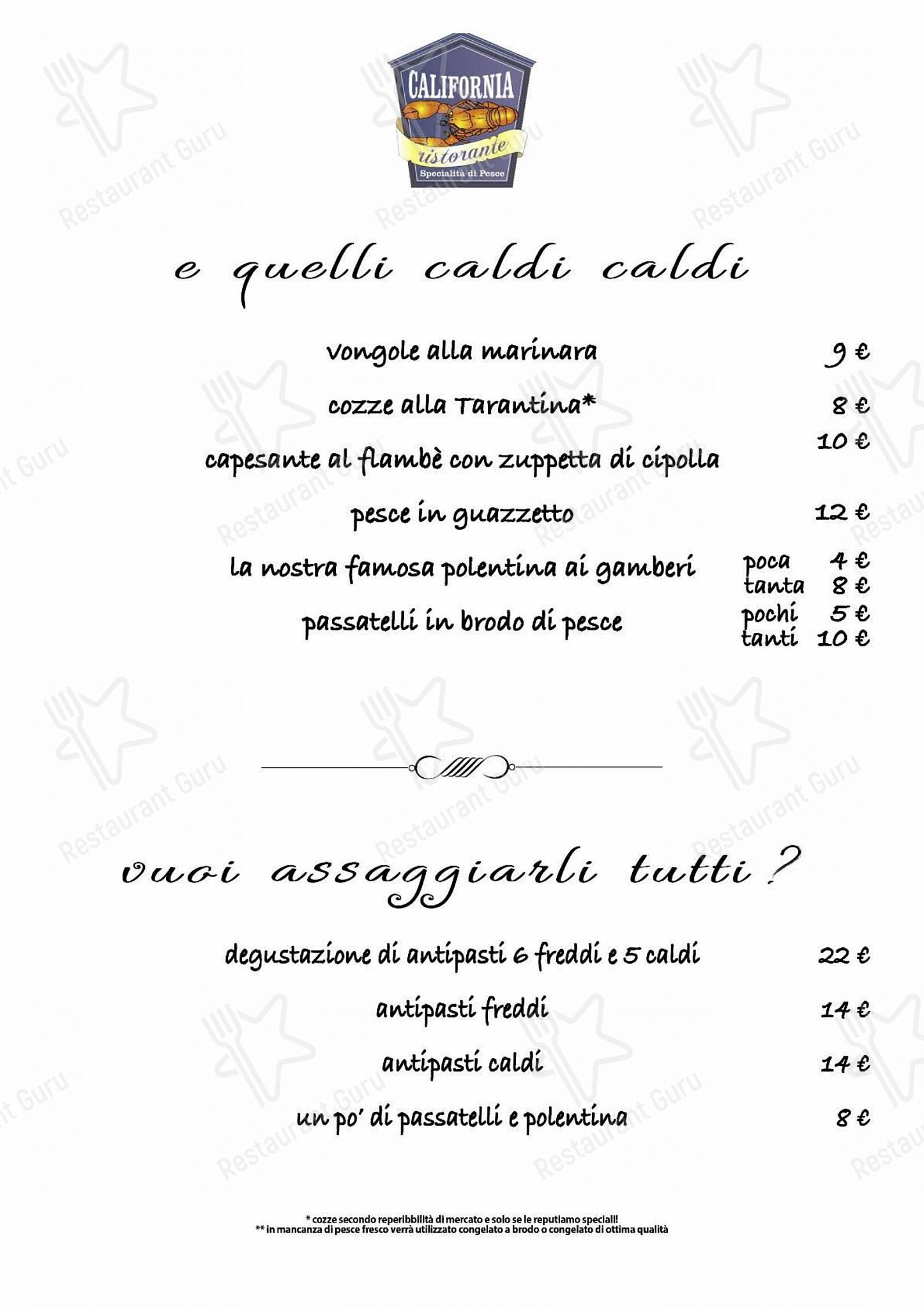 Menu da Ristorante California, Marotta