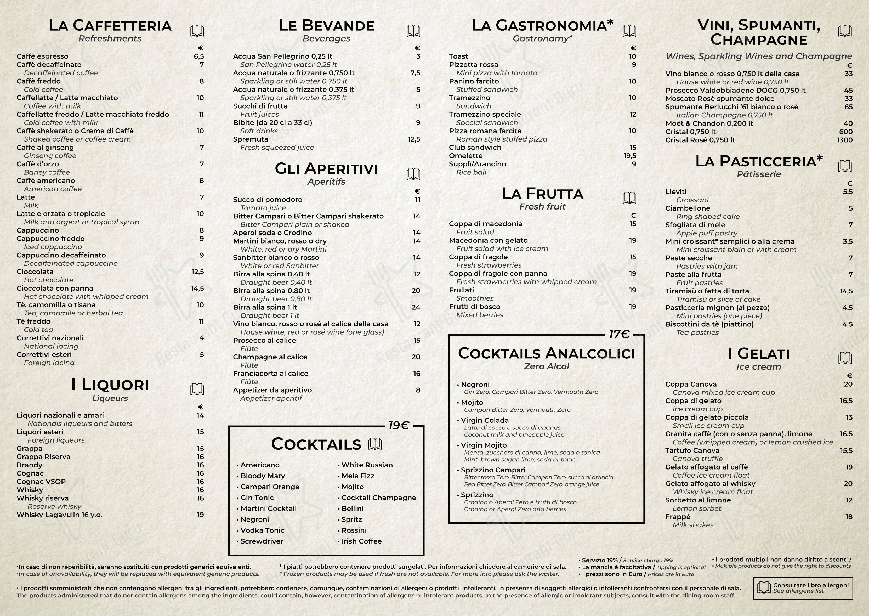 Menu per Canova Piazza del Popolo ristorante