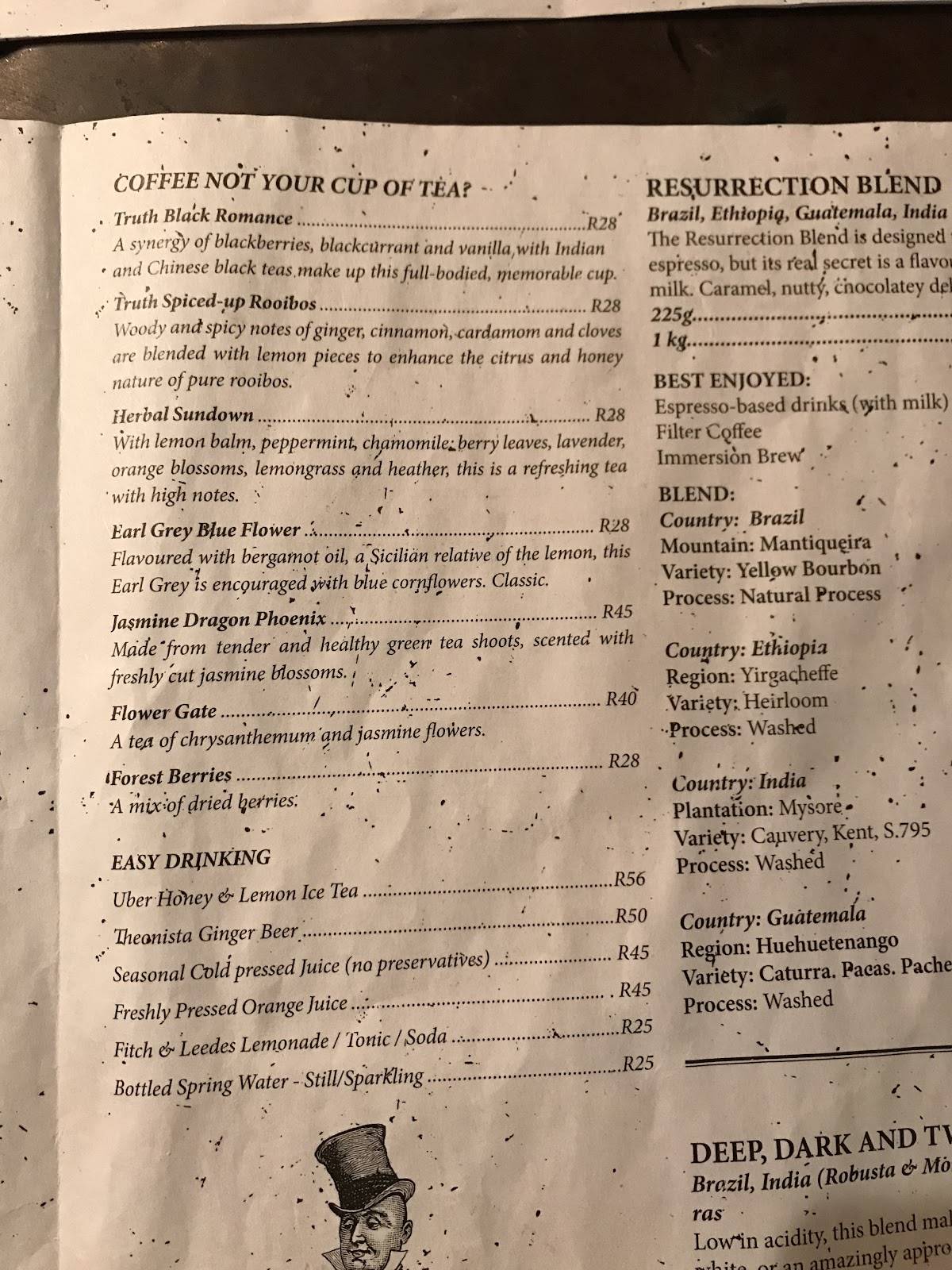 Menu at Truth Coffee Roasting cafe, Cape Town, 36 Buitenkant St
