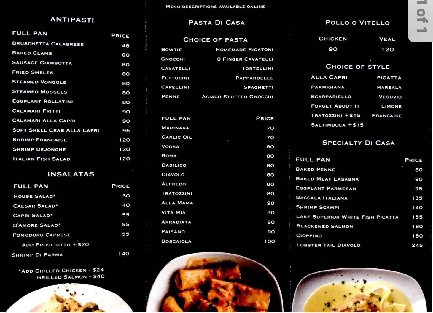 Menu at Capri of Willow Springs restaurant, Willow Springs