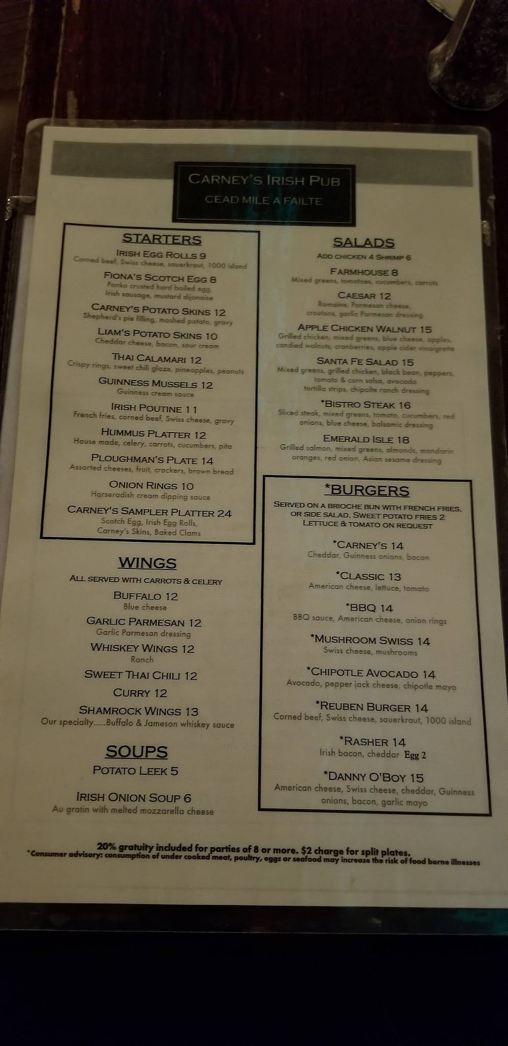 Menu at Carney's Irish Pub & Restaurant, Amityville