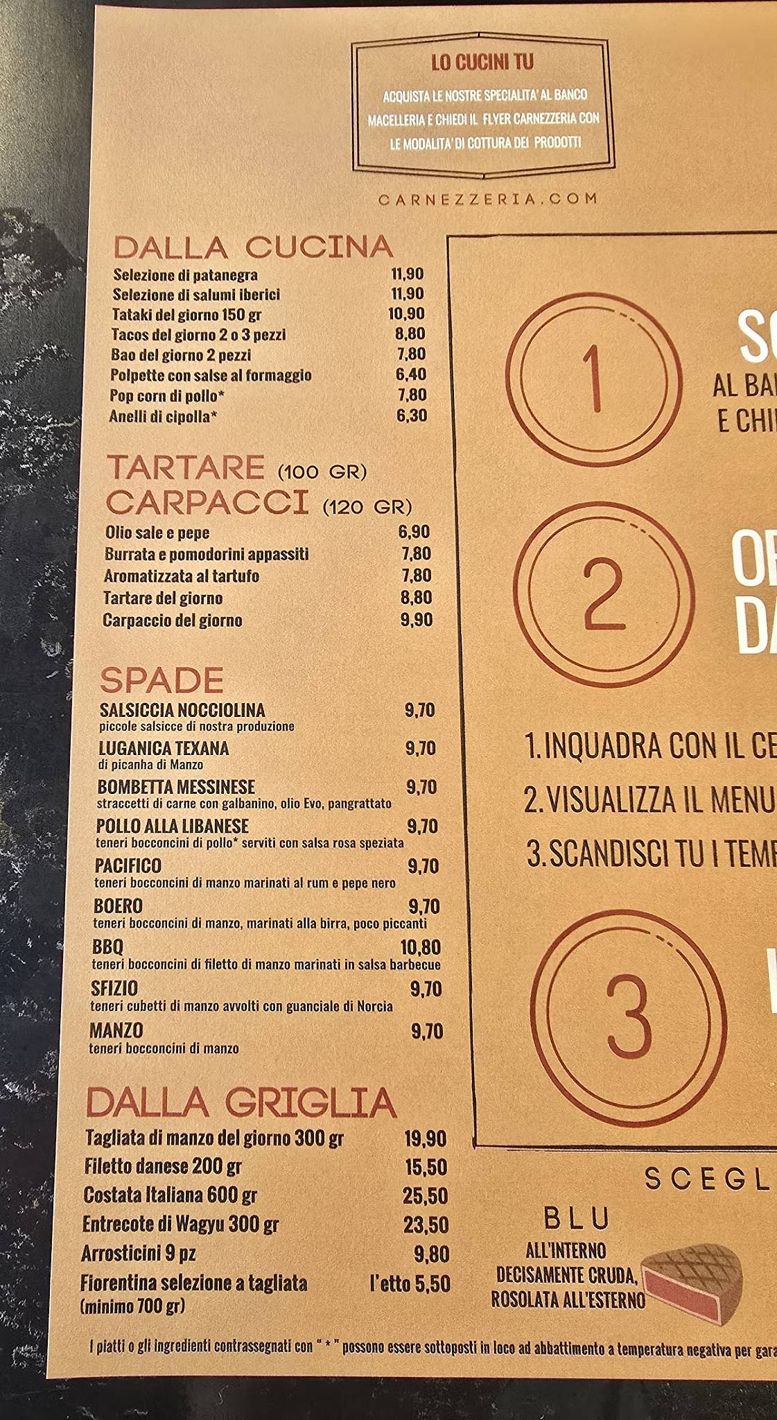 Menu di Carnezzeria di Kilo 
