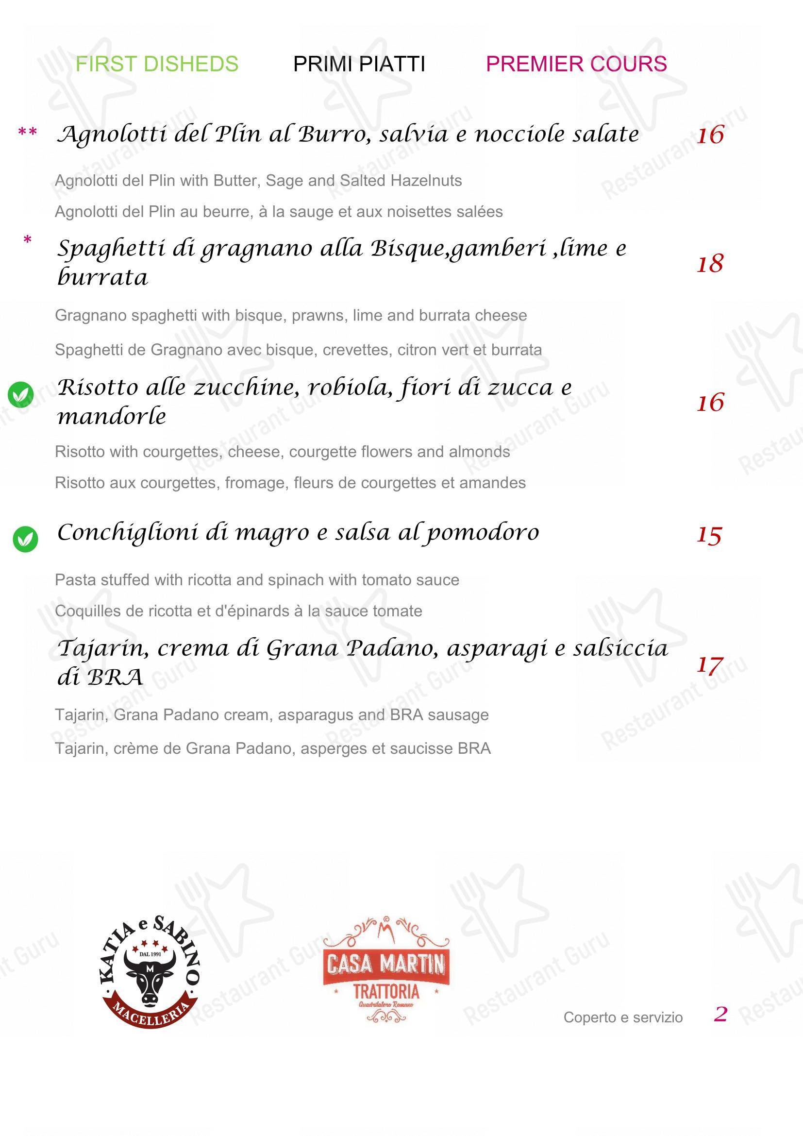 Menu di Casa Martin Ristorante Piemontese in Centro a Torino - Menu bar