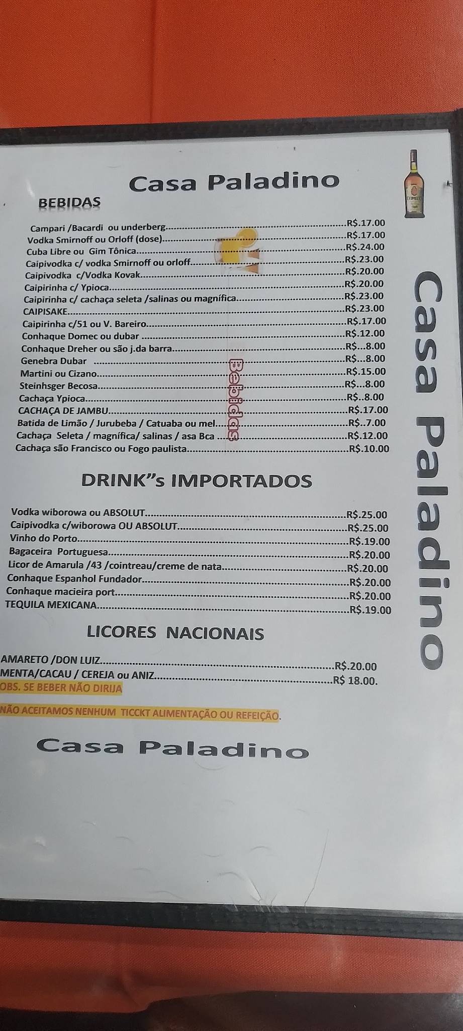 Paladino cardápio
