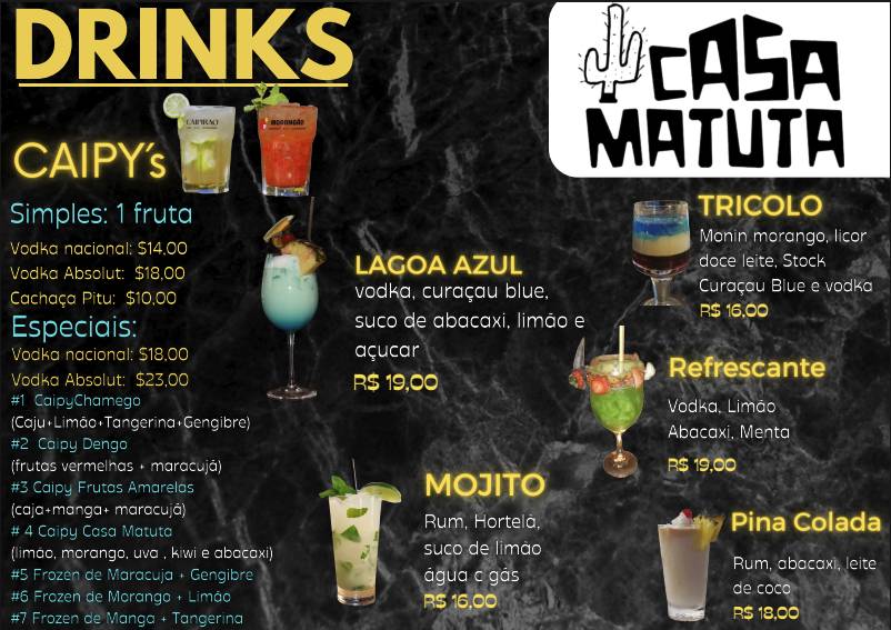 Casa matuta - Restaurante em Caruaru - Bar cardápio