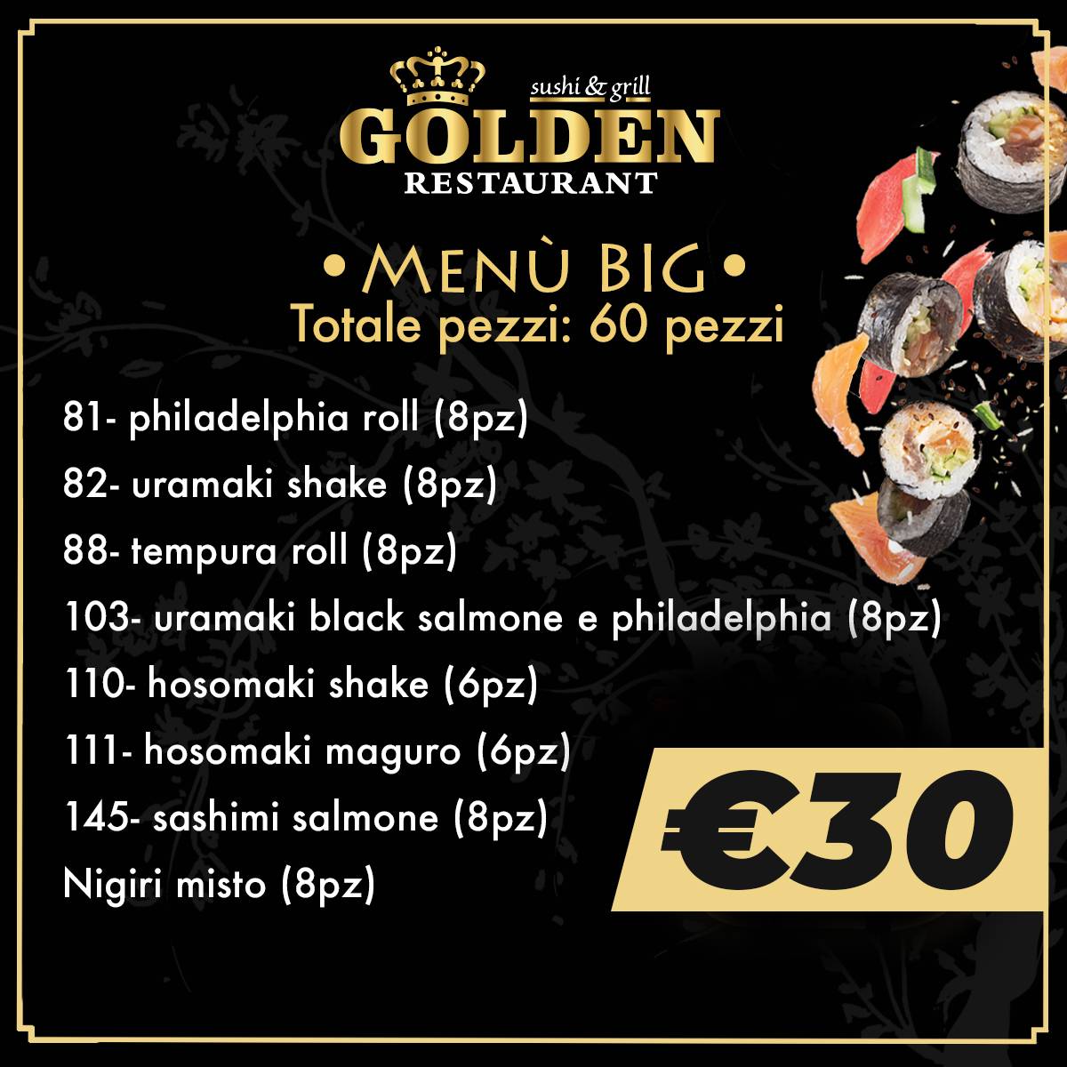 Menu di ex Golden Sushi ora Mizu Sushi. SIAMO APERTI 
