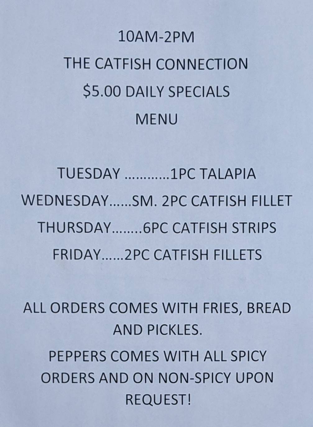 Menu at Catfish Connection restaurant, Dallas, W Kiest Blvd