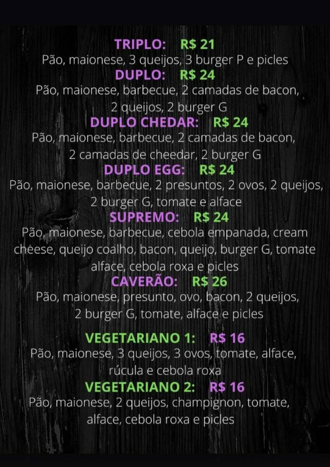 Cavera Burger cardápio