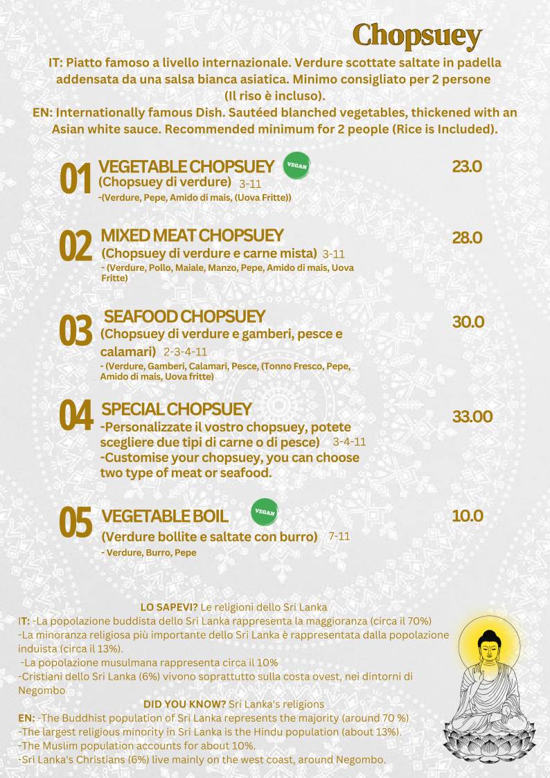 Menu de Ceylon Restaurant Sri Lankan & Indian Cuisine Milano Piazza Firenze