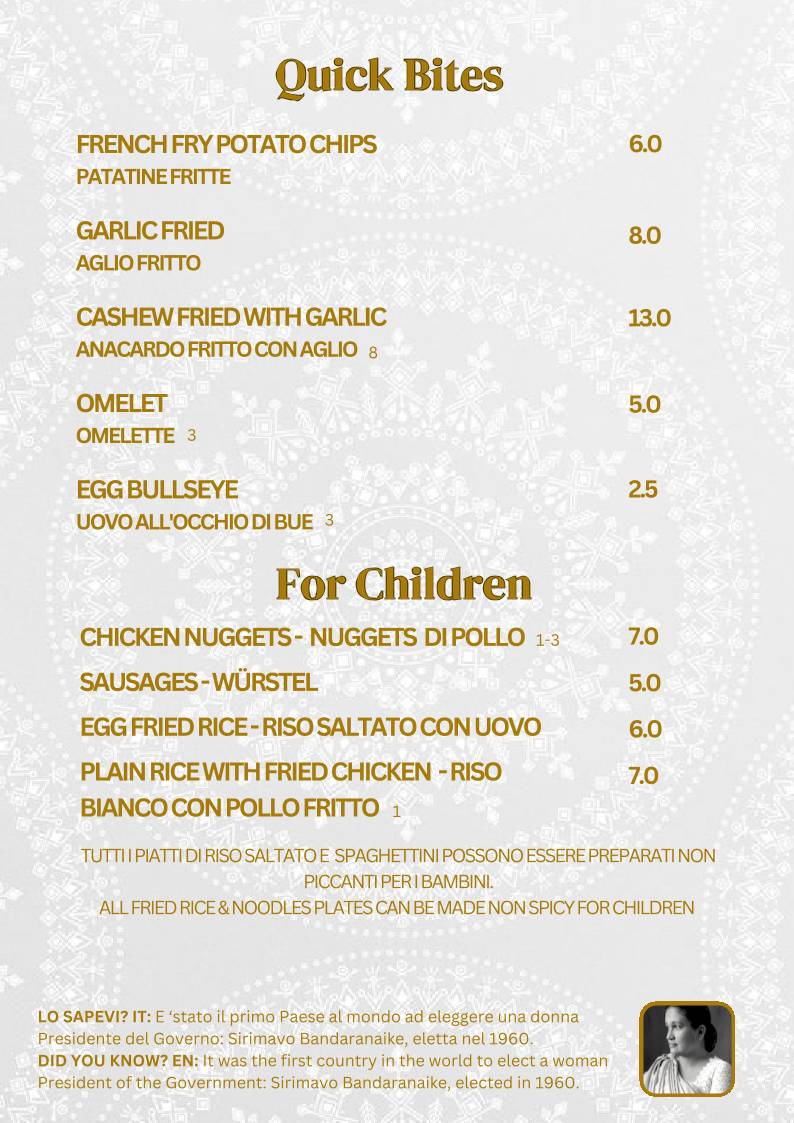 Menu de Ceylon Restaurant Sri Lankan & Indian Cuisine Milano Piazza Firenze
