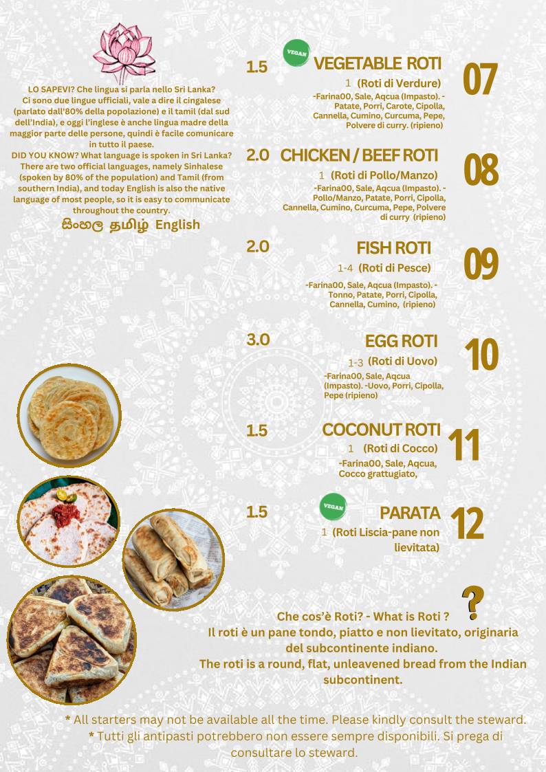 Menu de Ceylon Restaurant Sri Lankan & Indian Cuisine Milano Piazza Firenze