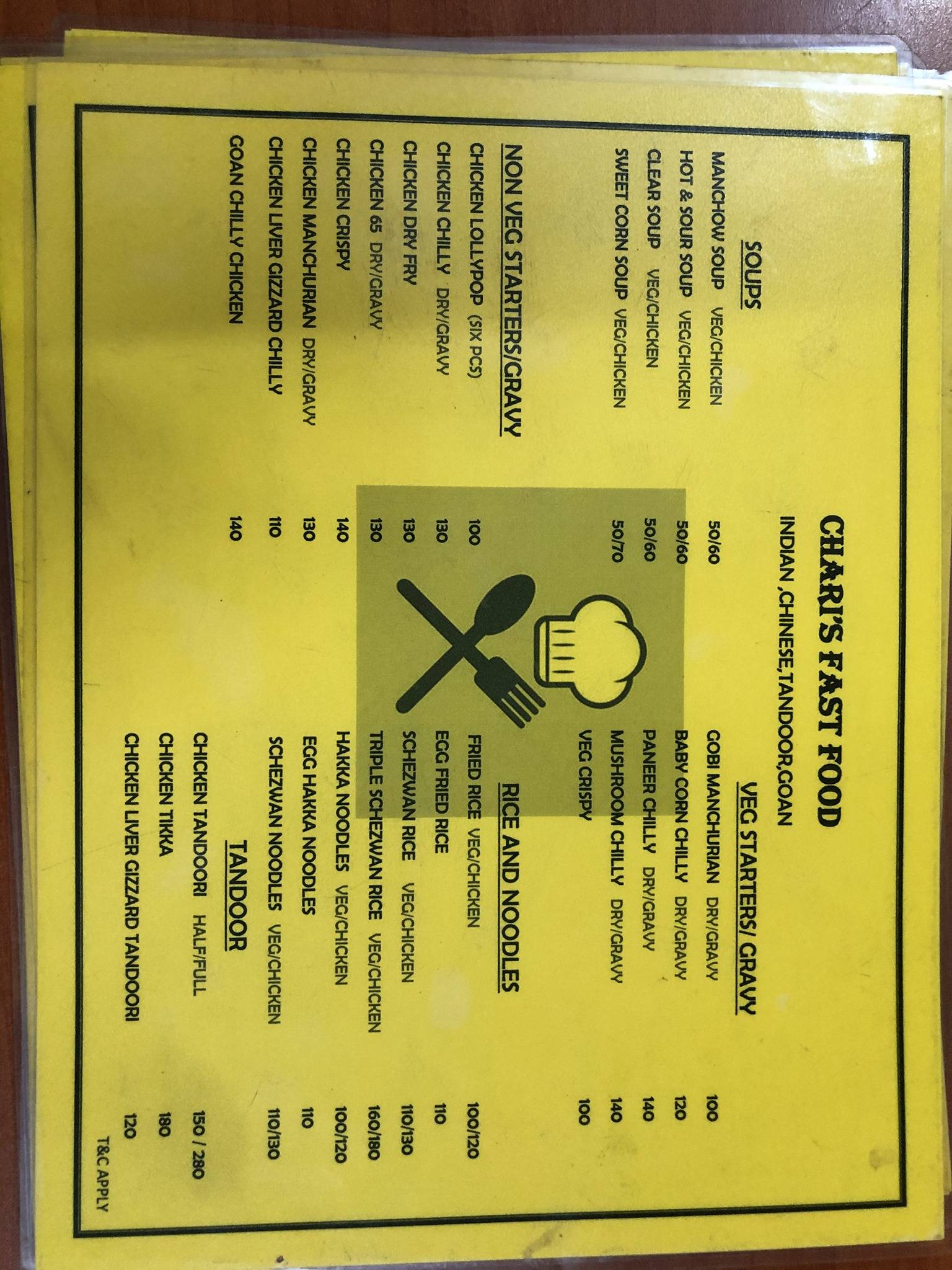 Chari’s fast food menu