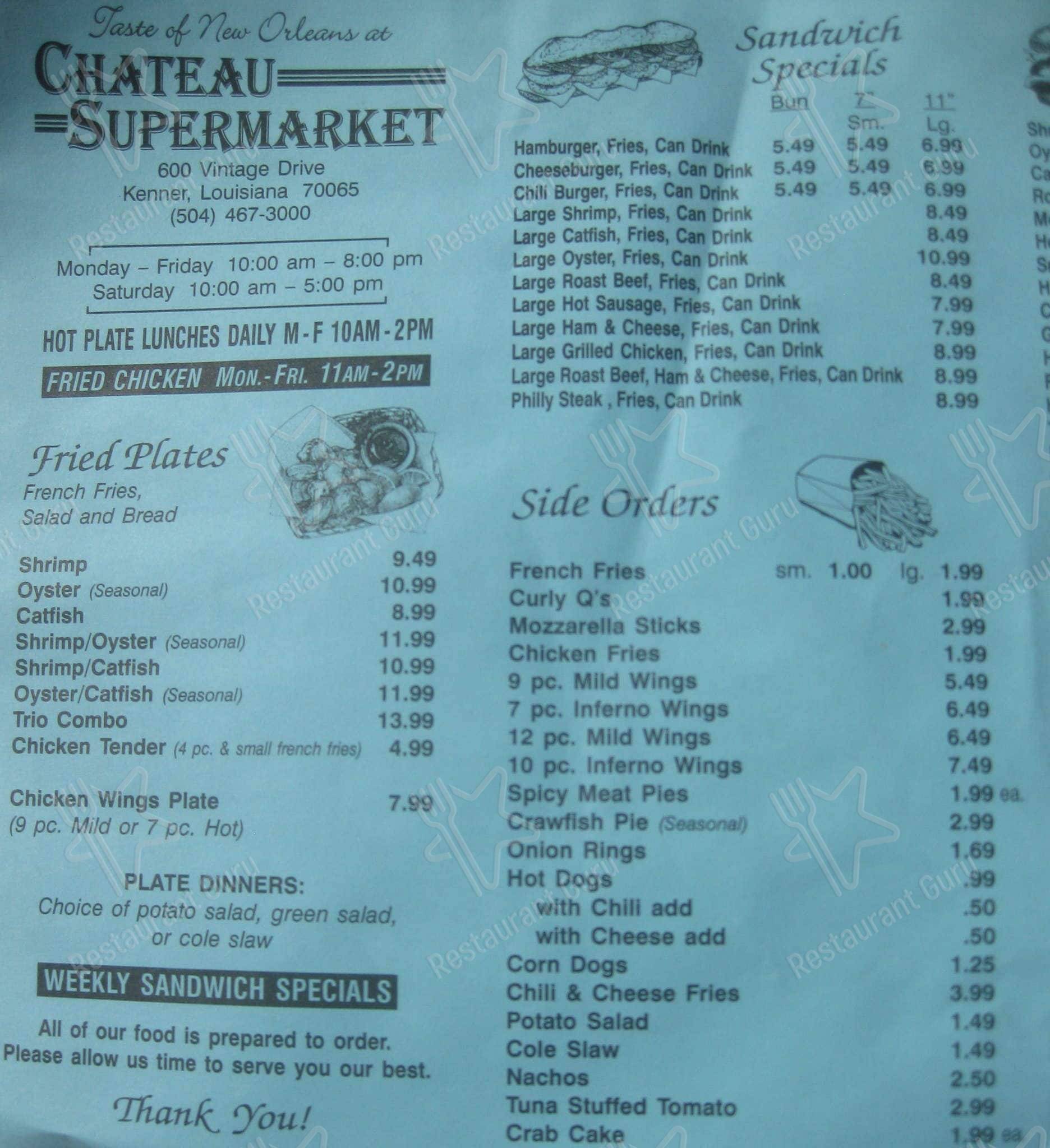 Menu at Chateau SuperMarket, New Orleans