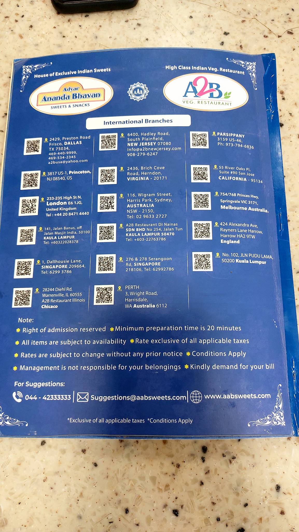 Adyar Ananda Bhavan - A2B menu