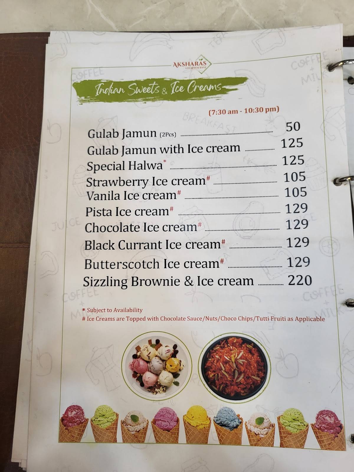 Aksharas Veg Restaurant menu
