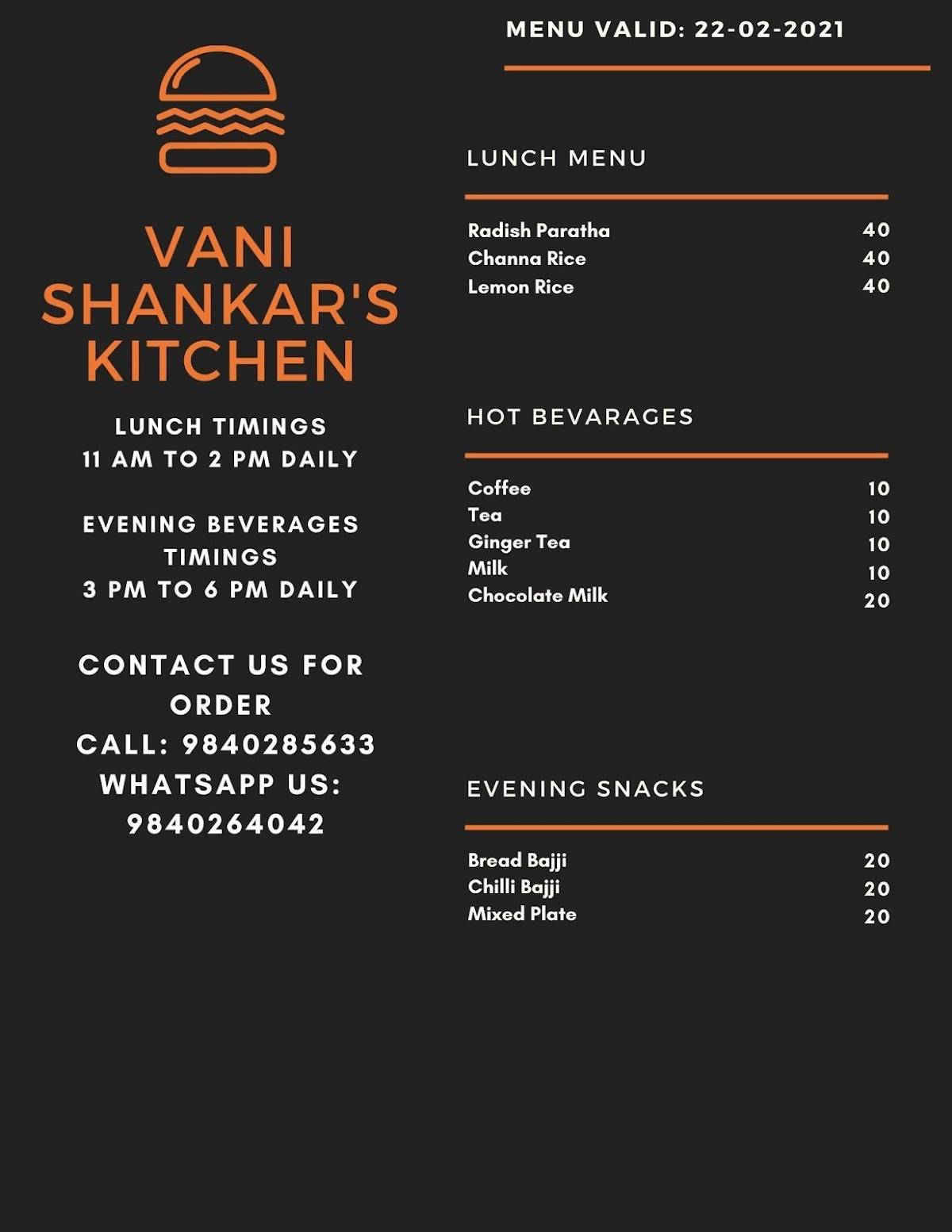 Vani Shankar's Kitchen menu