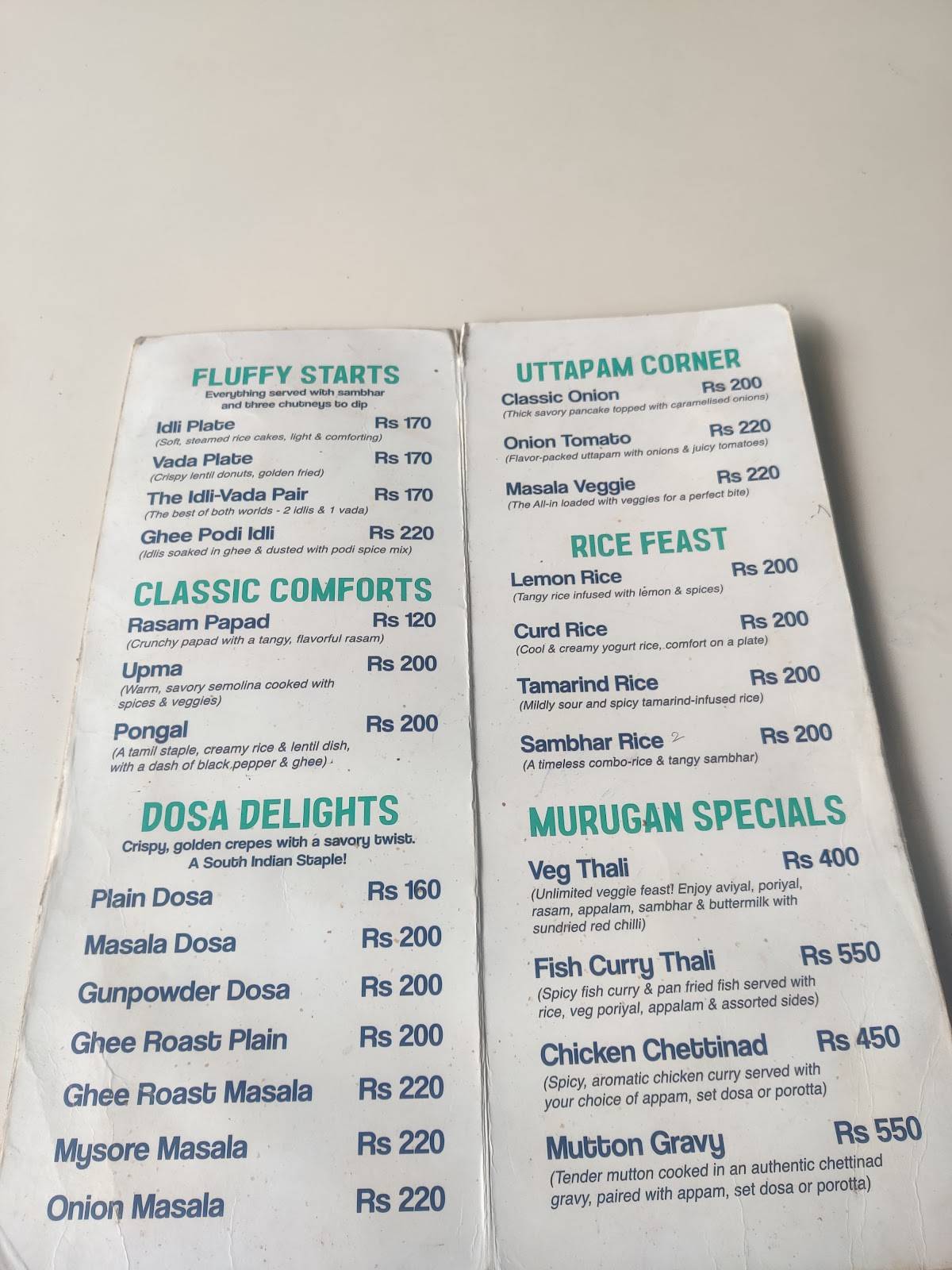 Chennai murugan idli dosa menu