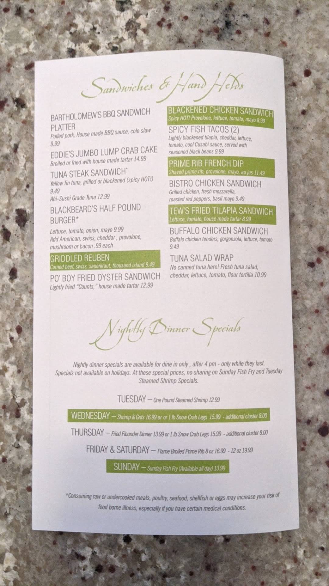 Menu at Pirate's Cove Restaurant, Chesapeake