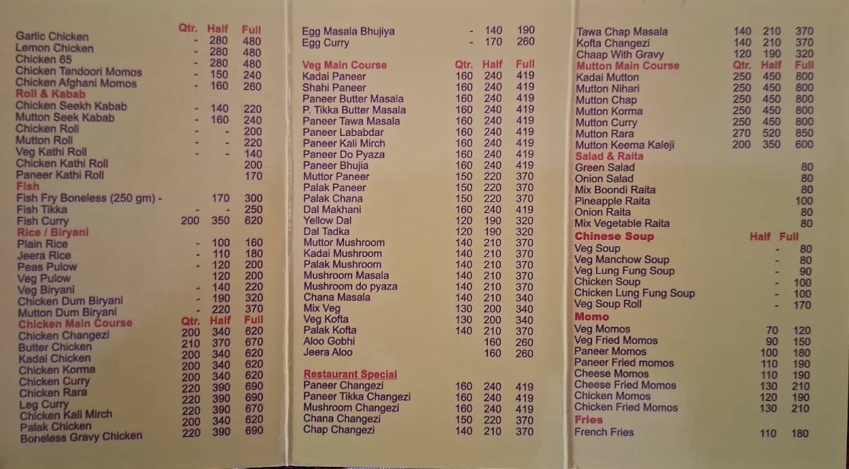 Chilli'z Premium Restaurant and Party Hall menu