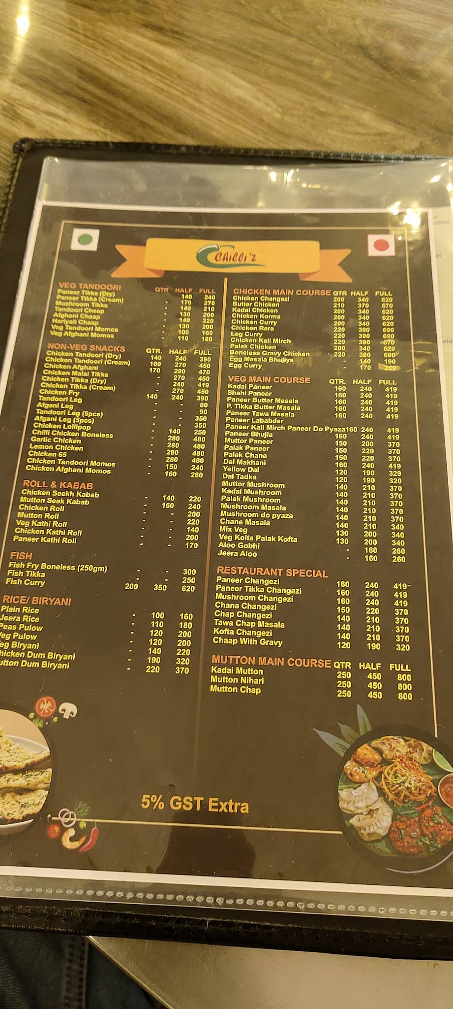 Chilli'z Premium Restaurant and Party Hall menu
