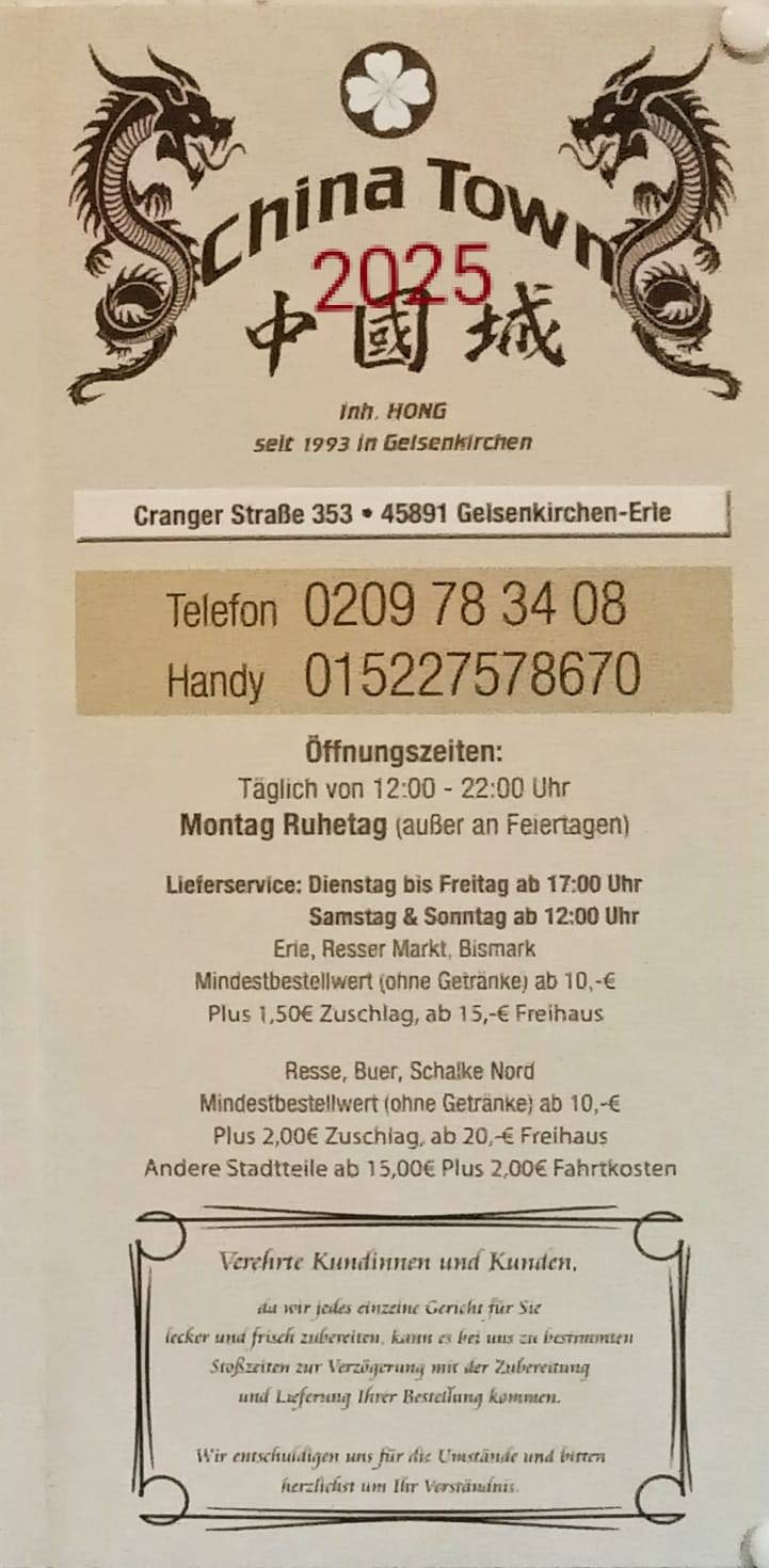 China Town Imbiss Erle Gelsenkirchen Menu