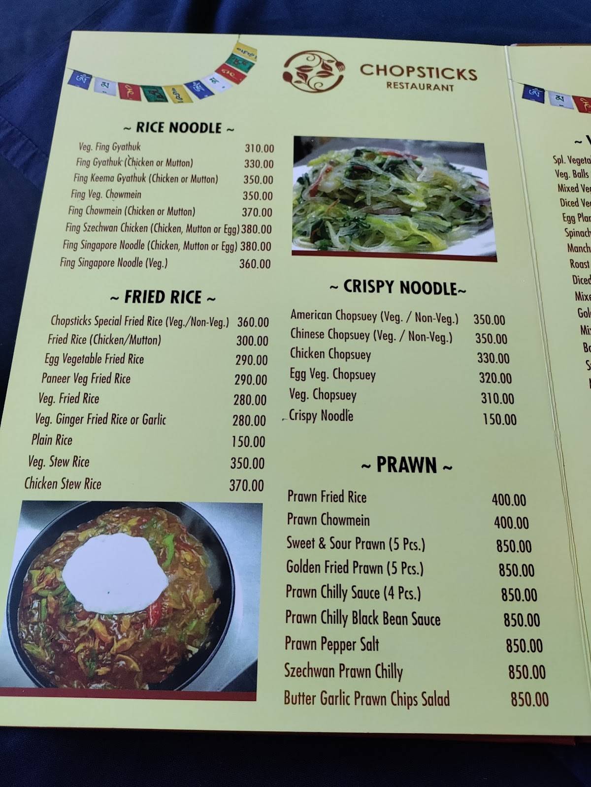 Chopsticks Restaurant menu