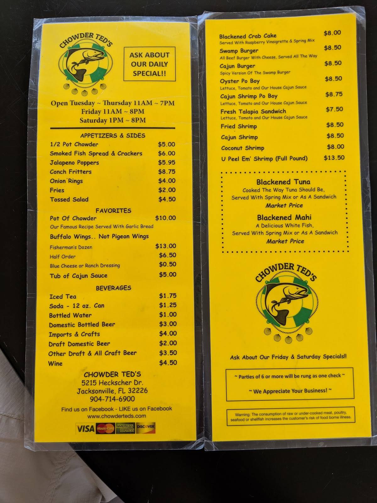 Menu at Chowder Ted's pub & bar, Jacksonville