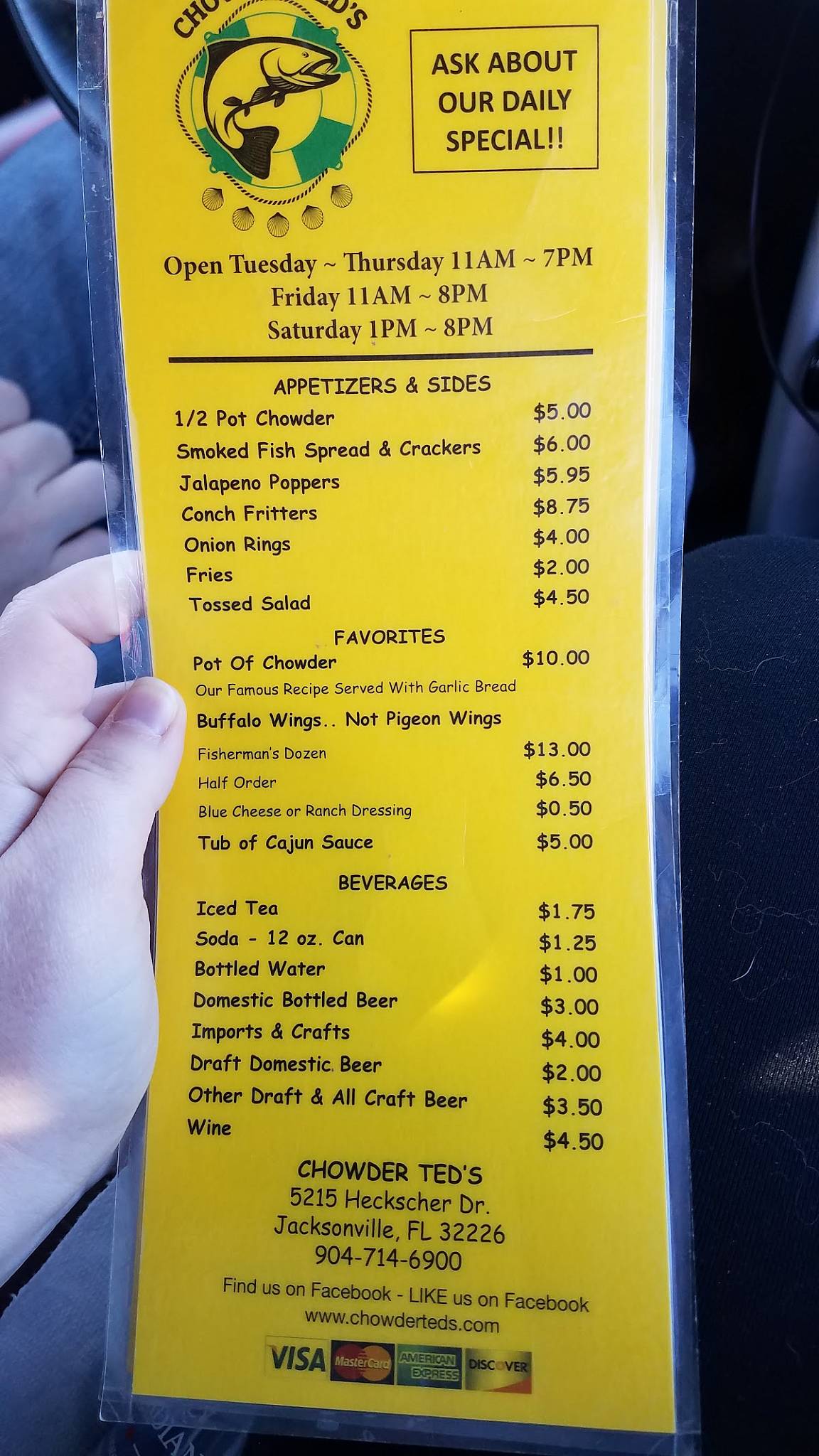 Menu at Chowder Ted's pub & bar, Jacksonville