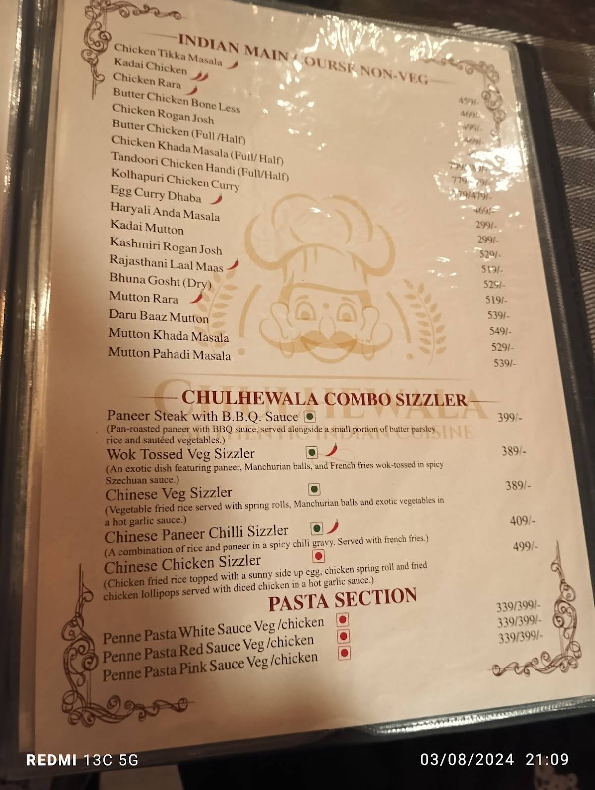 Chulhewala menu