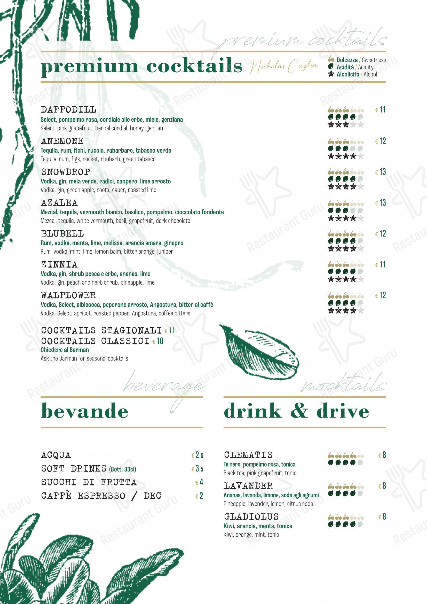 Menu di Clorofilla Cucina & Distillati - Menu bar